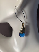 Load image into Gallery viewer, Tibetan Earrings Blue Translucent Silver Metal Repousse