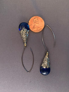 Tibetan Earrings Blue Translucent Silver Metal Repousse