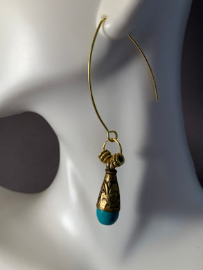 Tibetan Earrings Turquoise Stone Gold Brass Metal Repousse