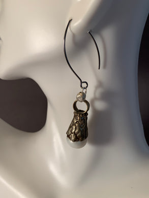 Tibetan Earrings Mother of Pearl Silver Metal Repousse