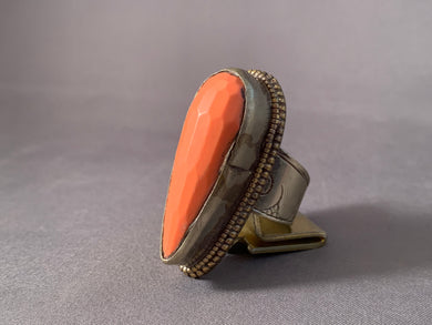 Tibetan Ring Coral Color Faceted Accent Silver Metal Repousse Jewelry