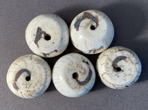 5 Tibetan Conch Shell Beads with Turquoise and Coral Inlay