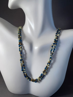 Vintage Necklace Blue Gold and White Glass Seed Beads 48 Inch