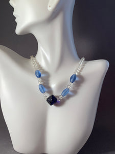 Vintage Necklace Translucent and Blue Glass Beads 16 Inch