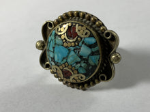 Load image into Gallery viewer, Tibetan Ring Turquoise &amp; Coral Inlay Metal Repousse Jewelry Size 8.75