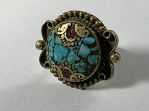 Tibetan Ring Turquoise & Coral Inlay Metal Repousse Jewelry Size 8.75