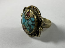 Load image into Gallery viewer, Tibetan Ring Turquoise &amp; Coral Inlay Metal Repousse Jewelry Size 8.75