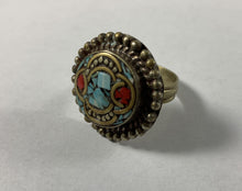 Load image into Gallery viewer, Tibetan Ring Turquoise &amp; Coral Inlay Metal Repousse Jewelry Size 8.5