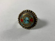 Load image into Gallery viewer, Tibetan Ring Turquoise &amp; Coral Inlay Metal Repousse Jewelry Size 8.5