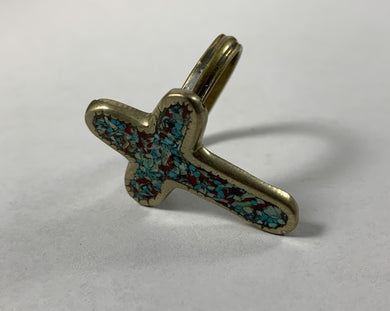 Tibetan Ring Cross Turquoise & Coral Inlay Metal Repousse Jewelry Size 9.5