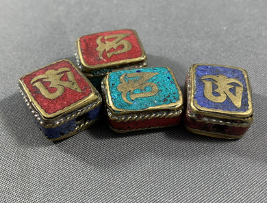 4 Tibetan Ohm Tabular Beads Lapis Turquoise & Coral Inlay Metal Jewelry