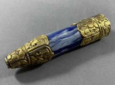 Long Tibetan Blue Old Copal Bead Brass End Caps Jewelry 3.75 INCH
