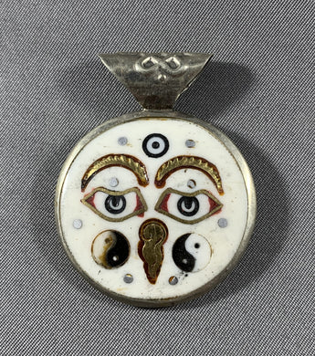 Tibetan Pendant White Buddha Eyes Silver Repousse Yin Yang Jewelry