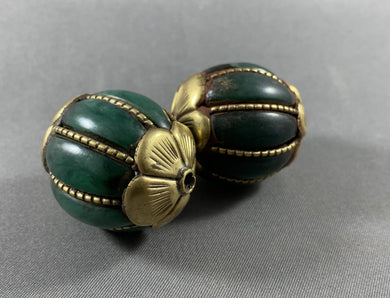 2 Tibetan Old Copal Beads Green Melon Brass Repousse Jewelry