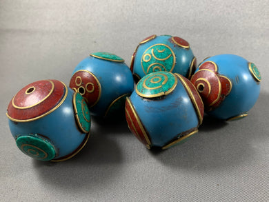 5 Tibetan Blue Old Copal Beads Turquoise & Coral Inlay Jewelry
