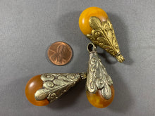 Load image into Gallery viewer, 3 Tibetan Pendants Yellow Amber Copal Silver Repousse Jewelry