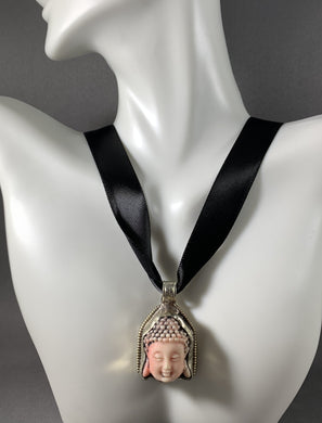 Tibetan Pink Buddha Head Pendant Silver Repousse Jewelry 26 Inch Ribbon