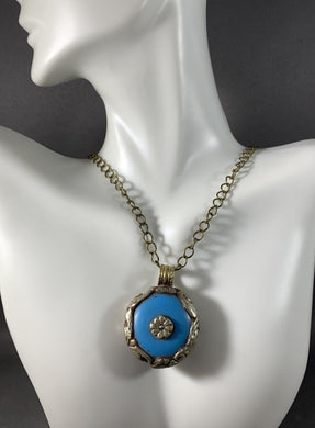 Tibetan Necklace Blue Copal Pendant Silver Metal Repousse 18 Inch