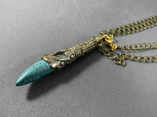 Load image into Gallery viewer, Tibetan Necklace Turquoise Tusk Pendant Silver Metal Repousse 18 Inch