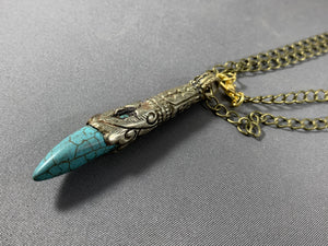 Tibetan Necklace Turquoise Tusk Pendant Silver Metal Repousse 18 Inch