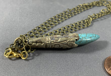 Load image into Gallery viewer, Tibetan Necklace Turquoise Tusk Pendant Silver Metal Repousse 18 Inch