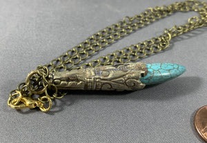 Tibetan Necklace Turquoise Tusk Pendant Silver Metal Repousse 18 Inch