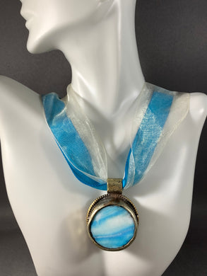 Tibetan Necklace Light Blue Mother of Pearl Pendant Brass Metal Repousse