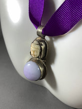 Load image into Gallery viewer, Tibetan Necklace Buddha Violet Jade Pendant Metal Repousse Ribbon