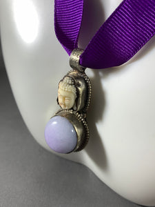 Tibetan Necklace Buddha Violet Jade Pendant Metal Repousse Ribbon