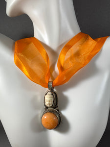 Tibetan Necklace Buddha Orange Jade Pendant Metal Repousse Ribbon