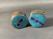 Load image into Gallery viewer, 2 Tibetan Buddha Eye Beads Lapis &amp; Turquoise Inlay Metal Jewelry