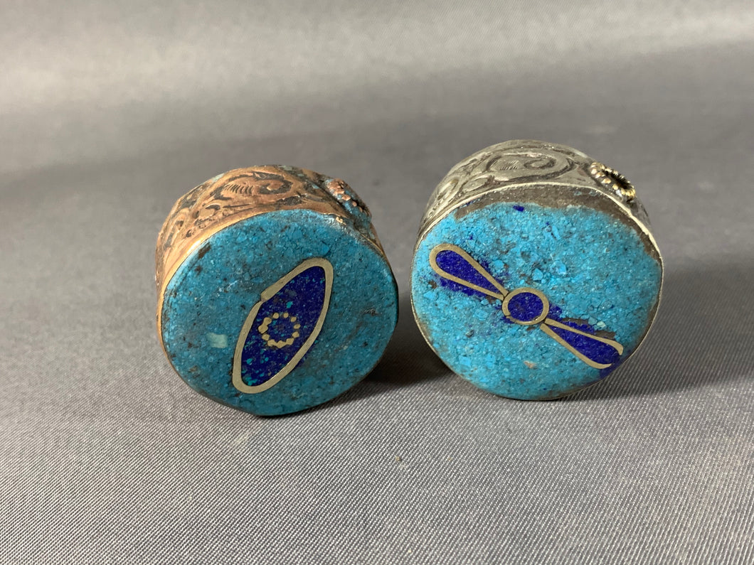 2 Tibetan Buddha Eye Beads Lapis & Turquoise Inlay Metal Jewelry