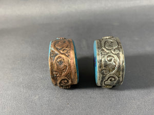 2 Tibetan Buddha Eye Beads Lapis & Turquoise Inlay Metal Jewelry