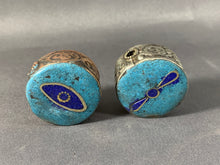 Load image into Gallery viewer, 2 Tibetan Buddha Eye Beads Lapis &amp; Turquoise Inlay Metal Jewelry