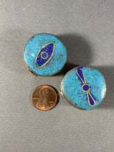 Load image into Gallery viewer, 2 Tibetan Buddha Eye Beads Lapis &amp; Turquoise Inlay Metal Jewelry