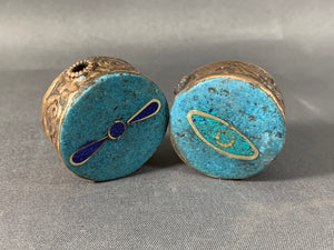 2 Tibetan Buddha Eye Beads Lapis & Turquoise Inlay Metal Jewelry