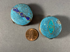 2 Tibetan Buddha Eye Beads Lapis & Turquoise Inlay Metal Jewelry