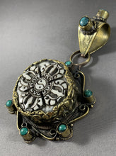 Load image into Gallery viewer, Tibetan Yak Bone Double Dorje Pendant Metal Repousse Turquoise Accents