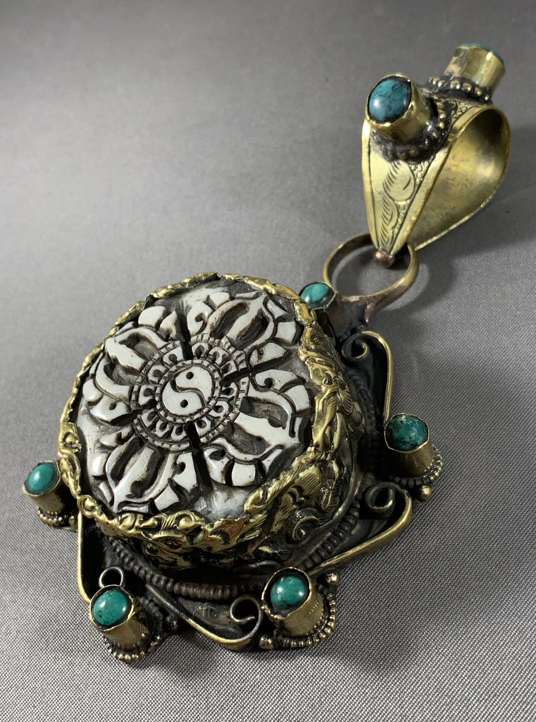 Tibetan Yak Bone Double Dorje Pendant Metal Repousse Turquoise Accents