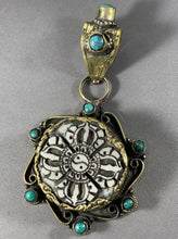 Load image into Gallery viewer, Tibetan Yak Bone Double Dorje Pendant Metal Repousse Turquoise Accents