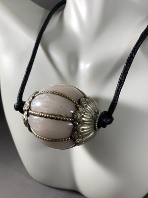 Tibetan Necklace White Copal Bead Pendant Silver Metal Repousse 30 Inch