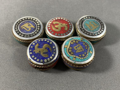 5 Tibetan Ohm Beads Coral Lapis & Turquoise Inlay Metal Jewelry