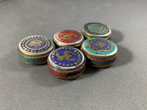 5 Tibetan Ohm Beads Coral Lapis & Turquoise Inlay Metal Jewelry