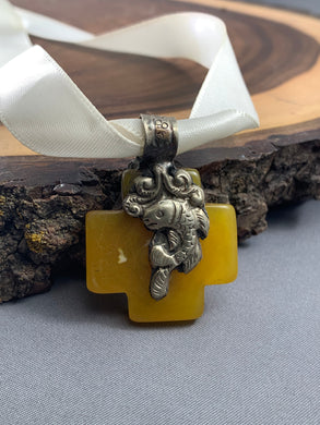 Tibetan Pendant Yellow Amber Copal Cross Silver Repousse Jewelry Fish