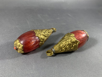 2 Tibetan Red Cherry Copal Pendants Brass Metal Repousse