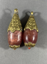 Load image into Gallery viewer, 2 Tibetan Red Cherry Copal Pendants Brass Metal Repousse