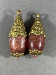 2 Tibetan Red Cherry Copal Pendants Brass Metal Repousse