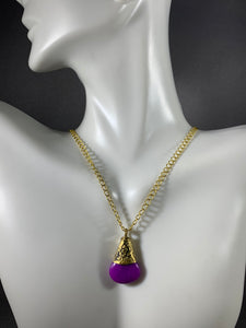 Tibetan Necklace Purple Jade Pendant Brass Metal Repousse 18 inch