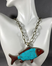 Load image into Gallery viewer, Tibetan Necklace Turquoise &amp; Coral Fish Pendant Metal Repousse Jewelry