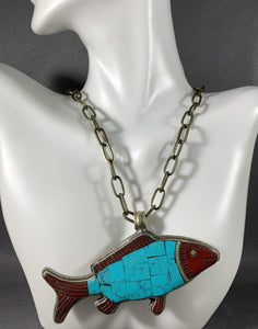 Tibetan Necklace Turquoise & Coral Fish Pendant Metal Repousse Jewelry